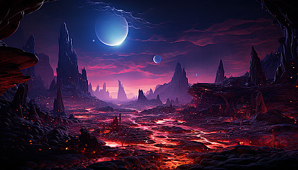 The surface of a distant planet, with unique geological features and colors.