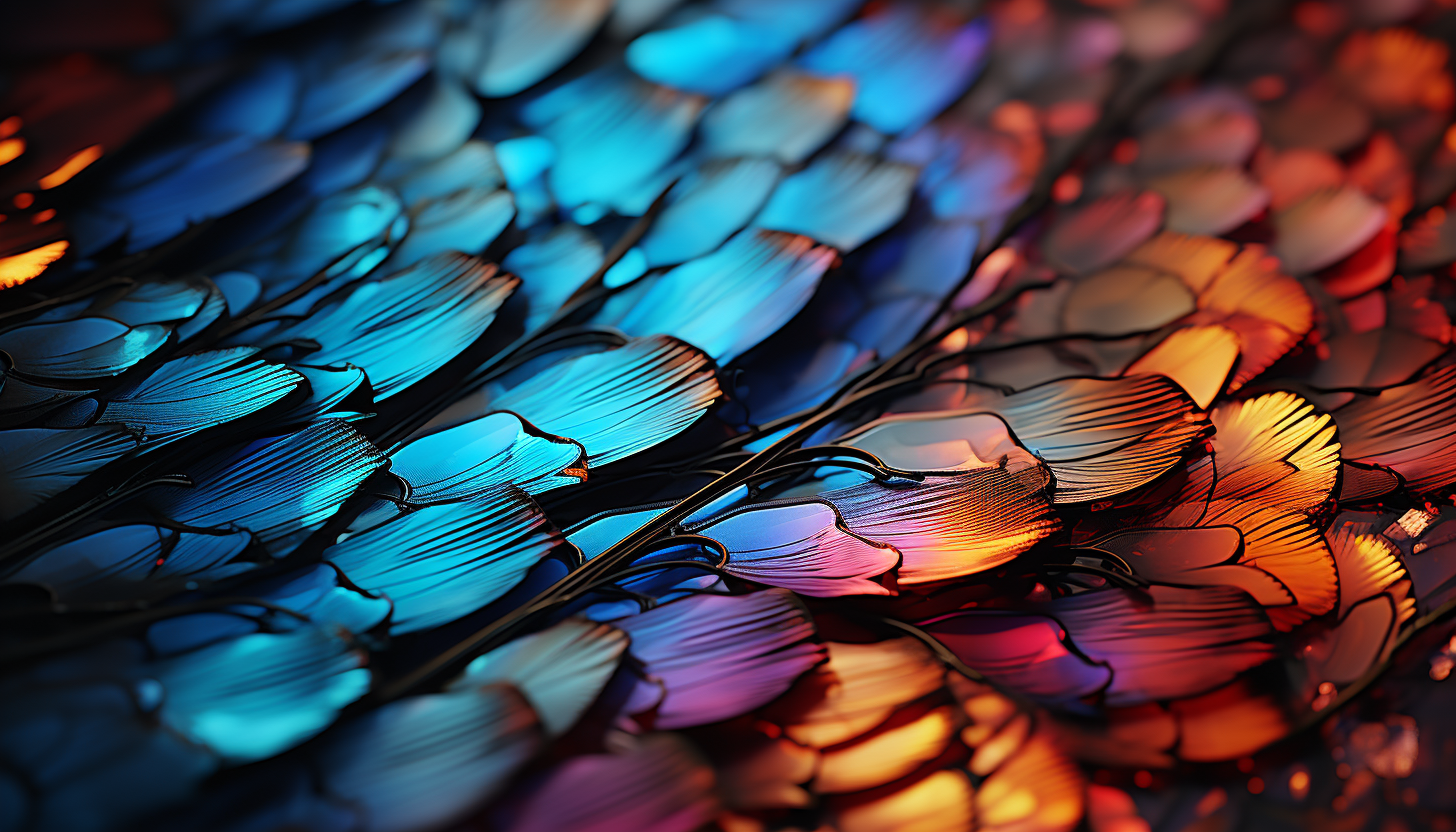 Close-up of a butterfly wing, revealing intricate patterns and vibrant hues.