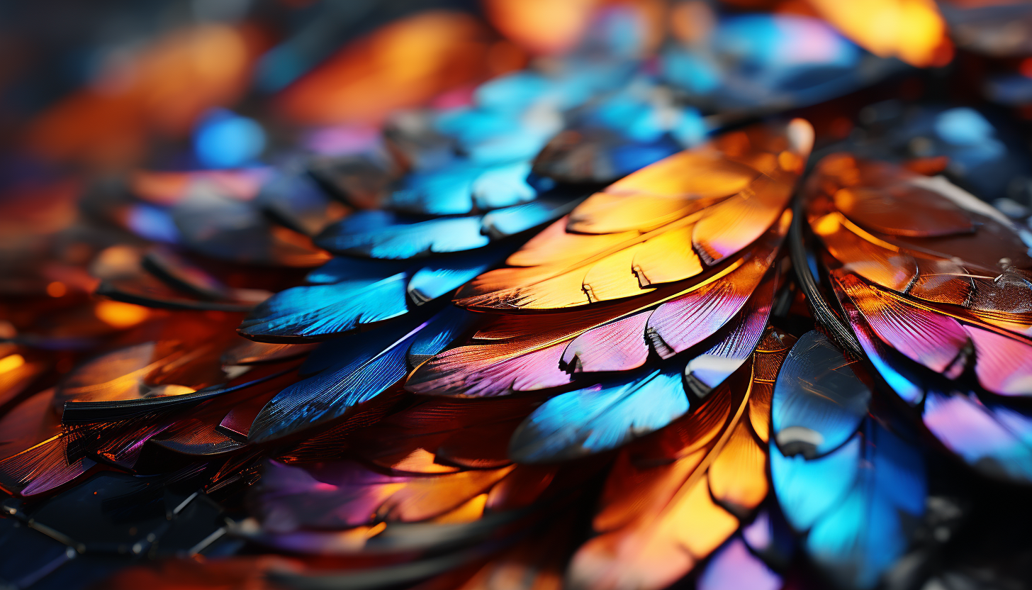 Macro shot of a butterfly wing, displaying its intricate scales and vivid colors.