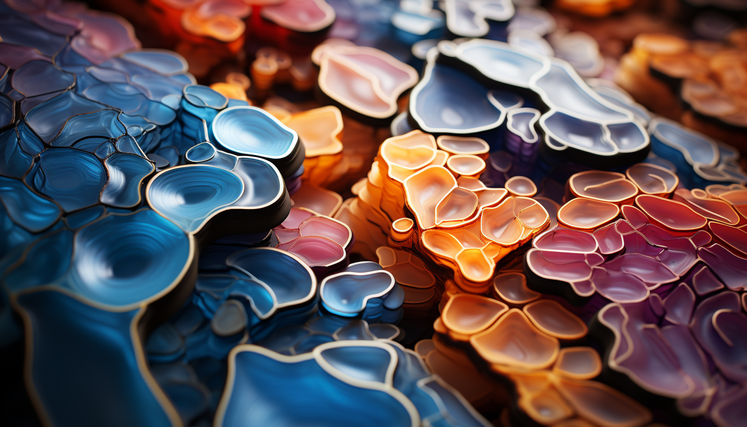 Close-up of crystallized minerals forming abstract, colorful patterns.