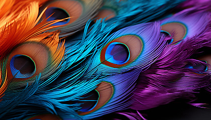 A vibrant peacock feather's intricate patterns and hues.