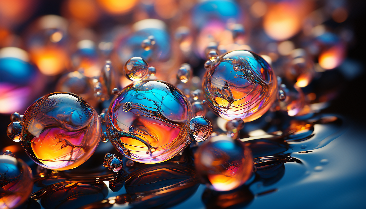 Macro view of iridescent bubbles reflecting light and creating a kaleidoscope effect.