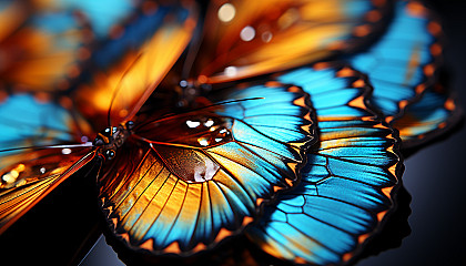 An extreme close-up of a butterfly wing, showcasing intricate patterns and colors.