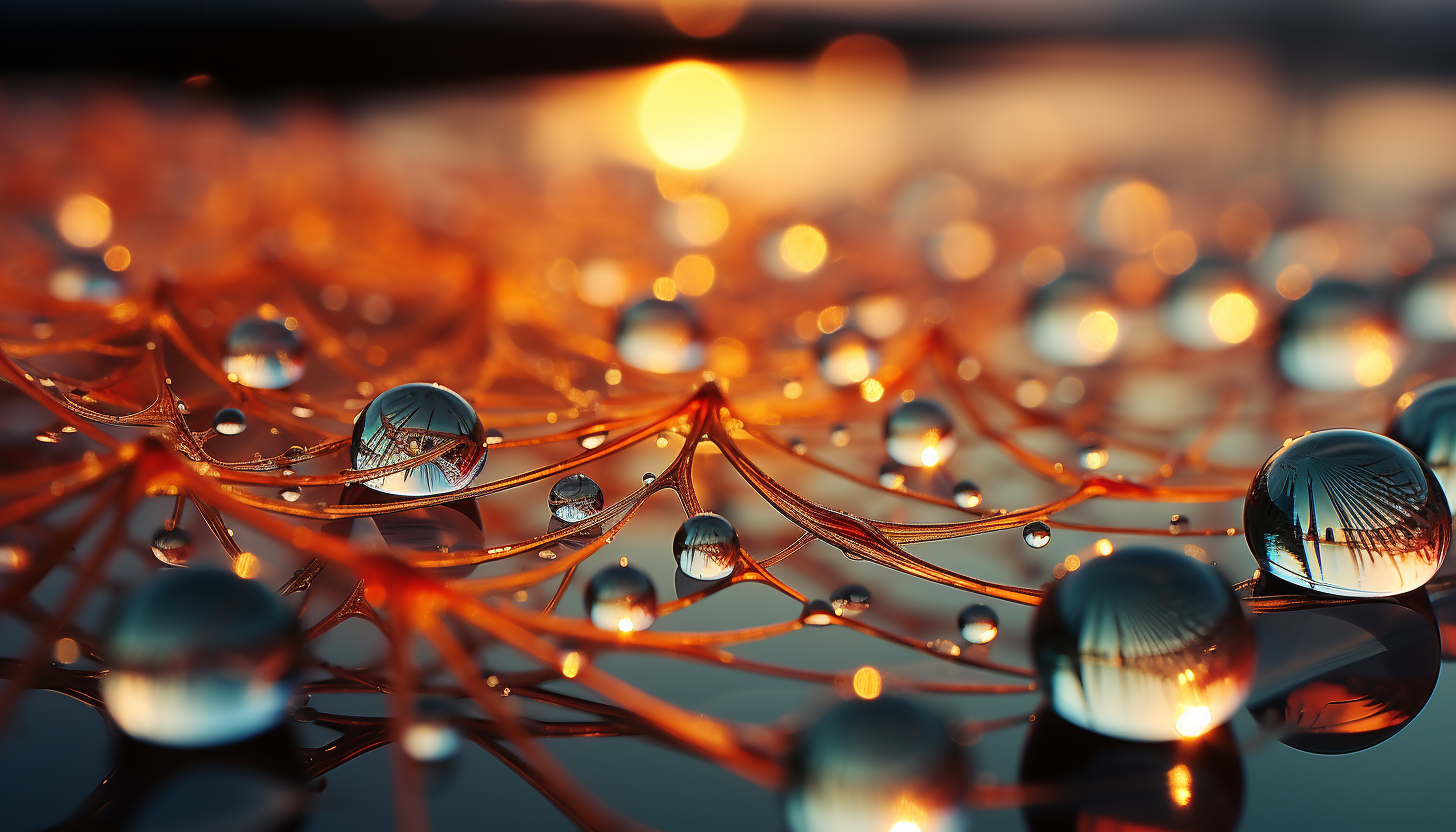 Macro shot of dewdrops on a spider web, reflecting the colors of a sunrise.