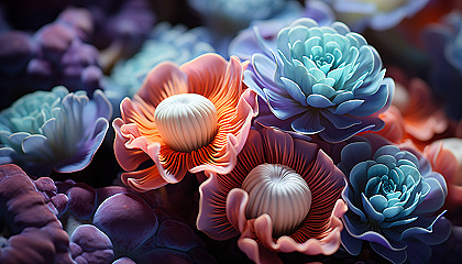 Up-close view of colorful coral or sea anemones, emphasizing texture and form.
