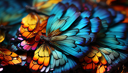 Close-up of vibrant butterfly wings showing intricate patterns and hues.