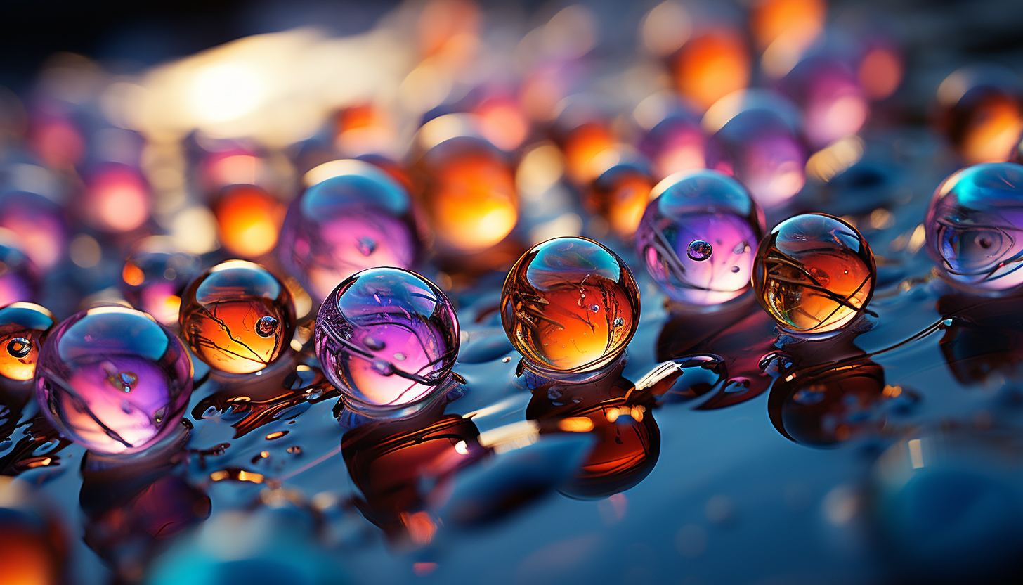 Macro image of iridescent soap bubbles, showcasing rainbow-like colors.