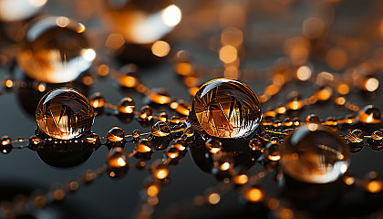 Macro view of dewdrops on a spider's web, reflecting the morning sun.