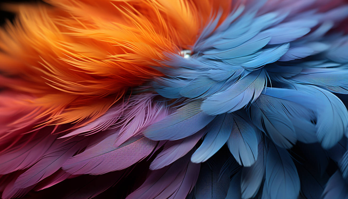 Extreme close-up of a colorful bird's feather, showing each delicate strand.