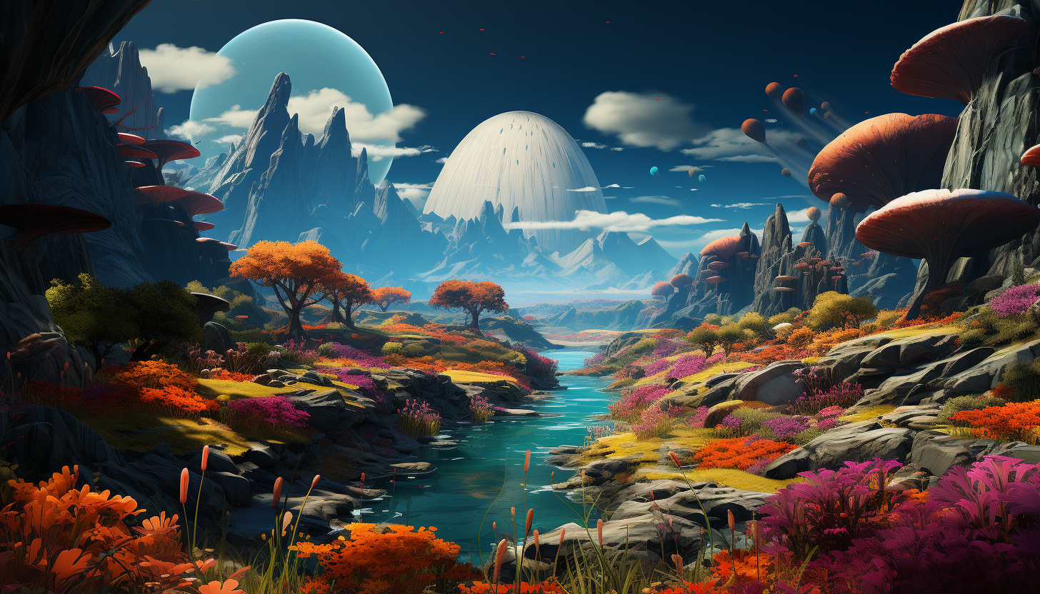 An alien planet's landscape, with colorful and bizarre geological formations.