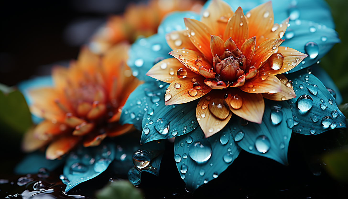 Extreme close-up of dew drops on a vibrant flower petal.