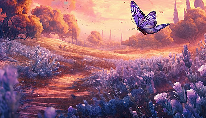 Butterflies flocking around a field of blooming lavender.