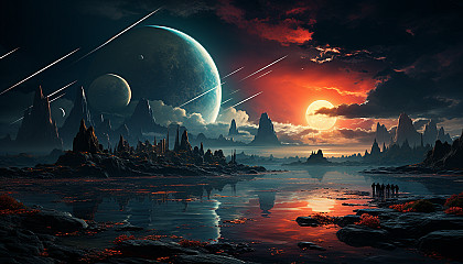 An alien planet's skyline with two suns setting at the horizon.