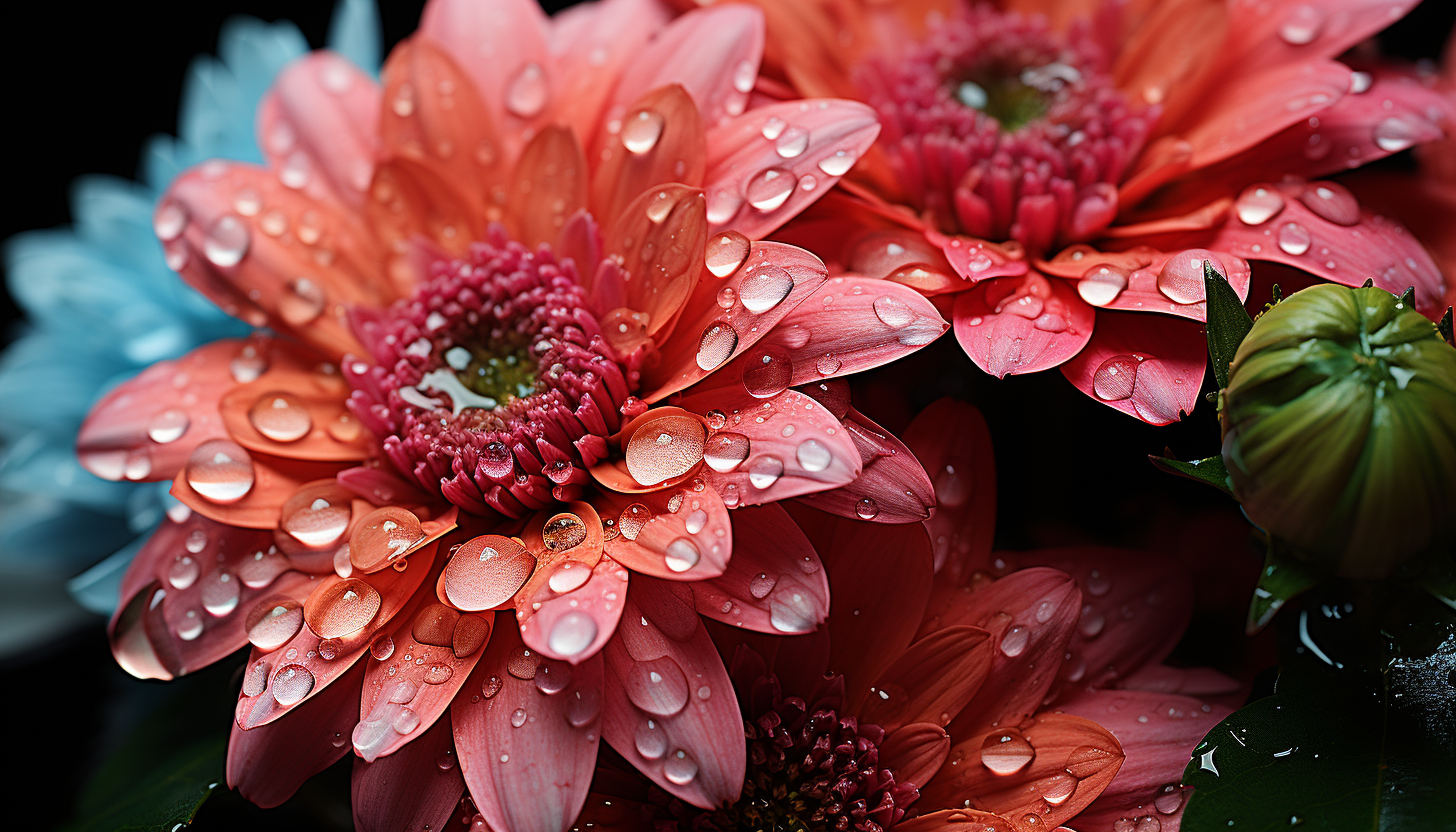 Extreme close-up of dewdrops on a vibrant flower petal.