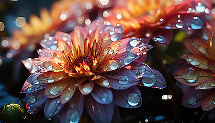 Close-up of dewdrops on a vibrant flower petal, reflecting the morning sun.