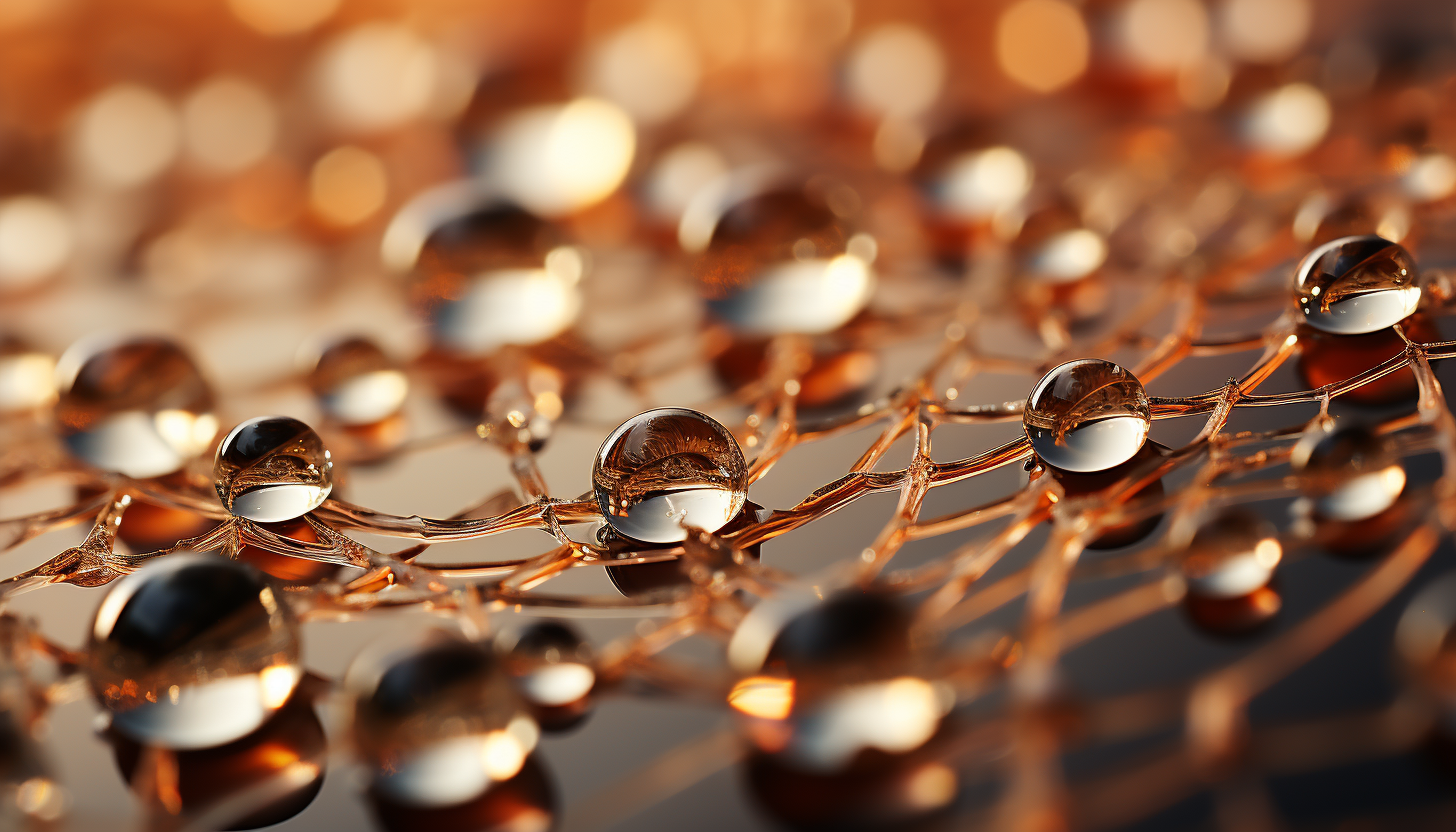 Extreme close-up of dewdrops on a spider's web, reflecting morning light.