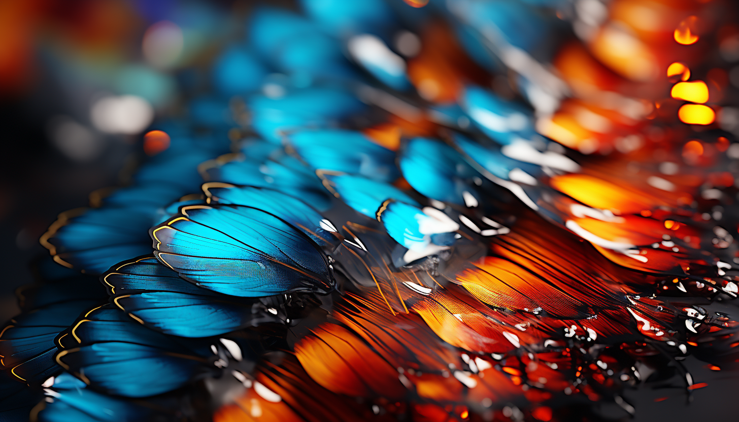 Extreme close-up of a butterfly's wing, revealing intricate patterns and colors.