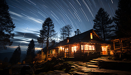 Star trails captured in a long-exposure shot, swirling around the night sky.