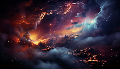 Nebulae in space, with clouds of color and star formations.