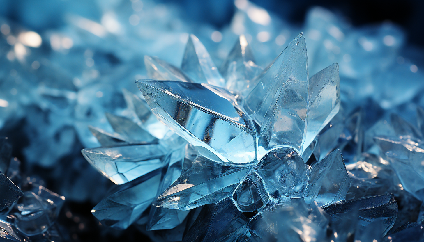 Extreme close-up of ice crystals, revealing their complex symmetry.