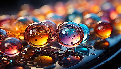 Macro view of iridescent soap bubbles reflecting a kaleidoscope of colors.