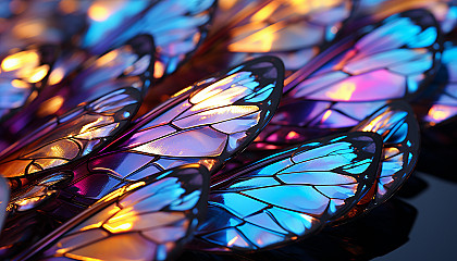 A close-up of iridescent butterfly wings displaying intricate patterns.