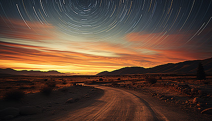 Star trails over a remote landscape, capturing the movement of celestial bodies.