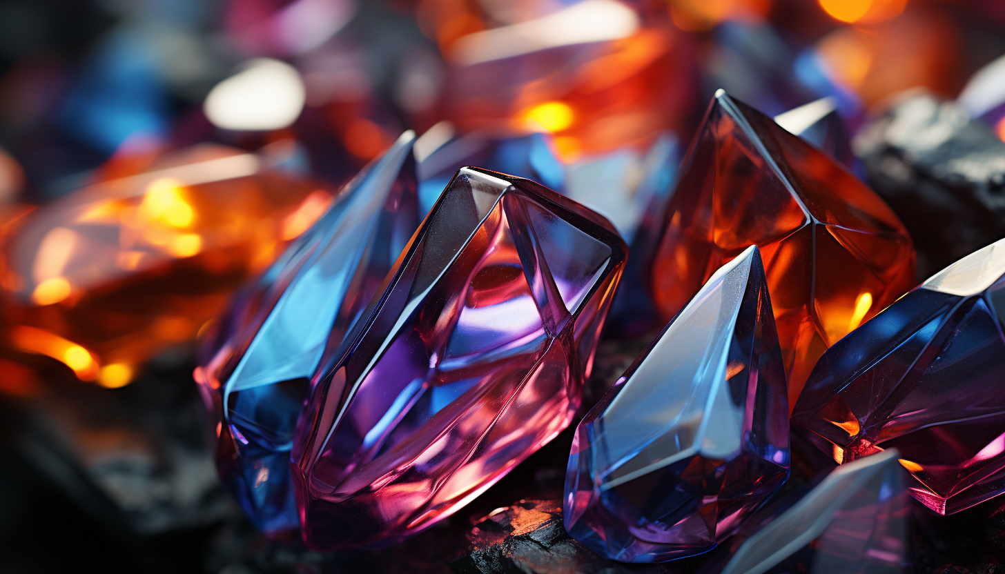 Macro imagery of a crystal with its complex structure and colorful refractions.