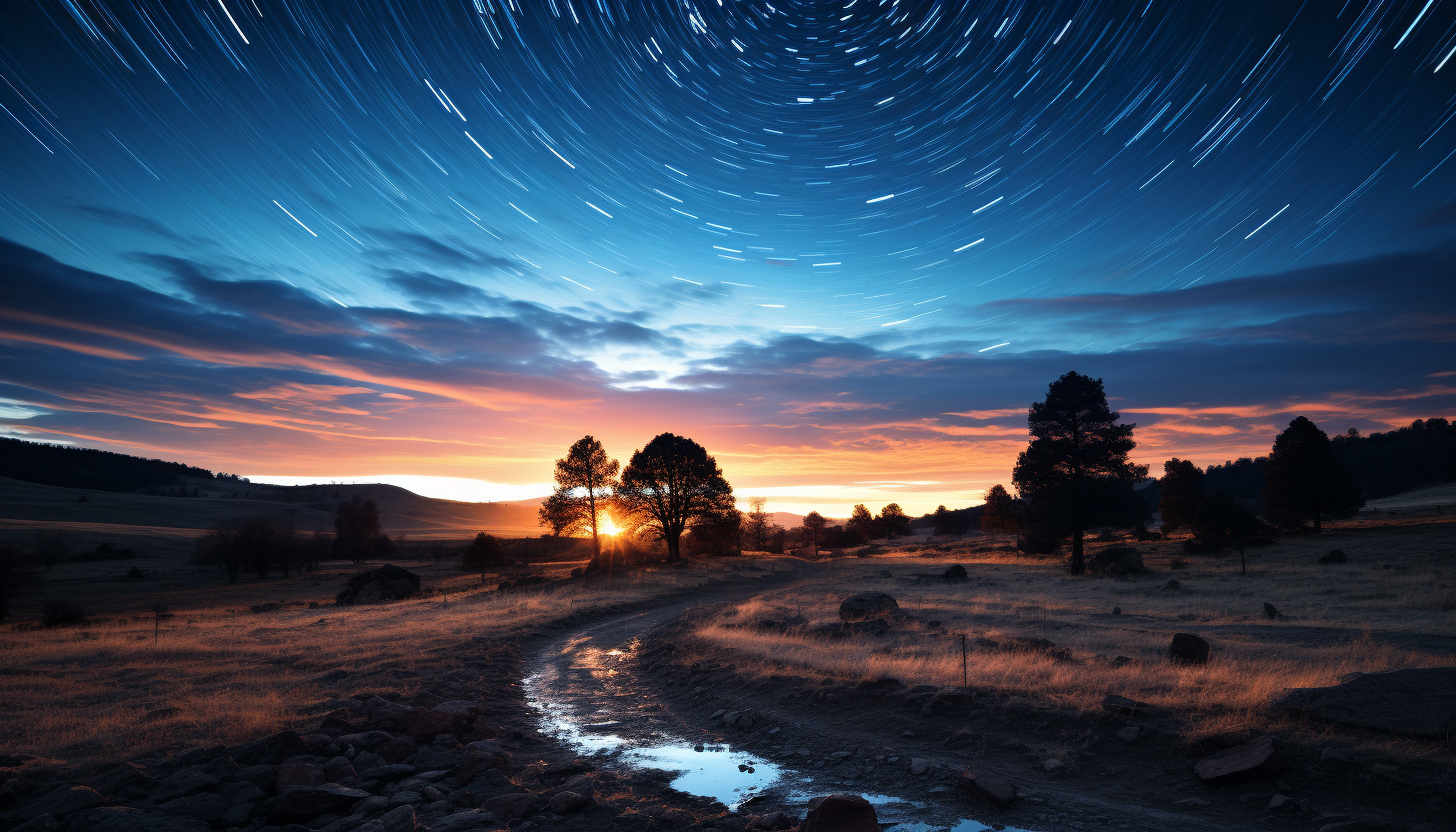 A long-exposure shot of stars forming trails across the night sky.