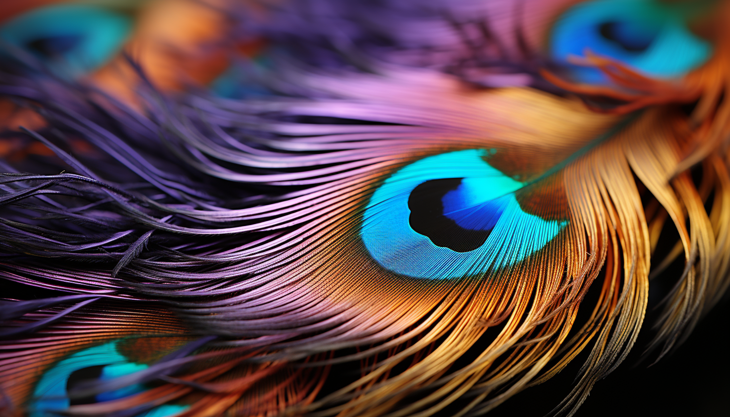 Close-up of a peacock feather, showcasing iridescent colors and patterns.