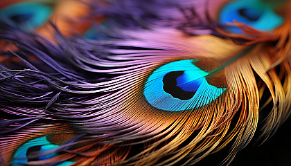 Close-up of a peacock feather, showcasing iridescent colors and patterns.