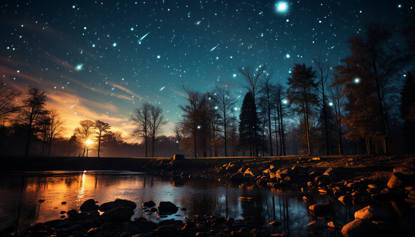 A meteor shower against a star-studded night sky.