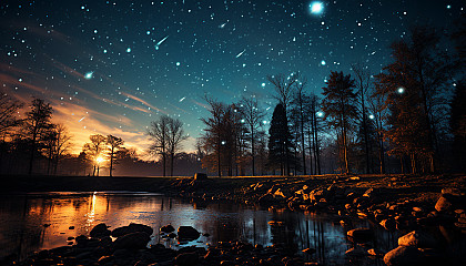 A meteor shower against a star-studded night sky.