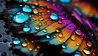 A close-up of dewdrops on a vividly colored butterfly's wing.