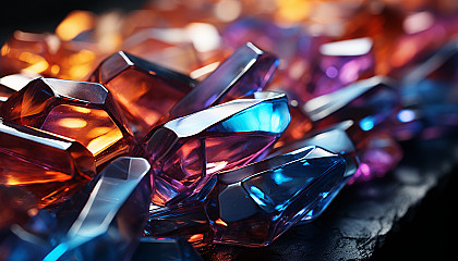 Macro image of a crystal, displaying its complex structure and rainbow reflections.