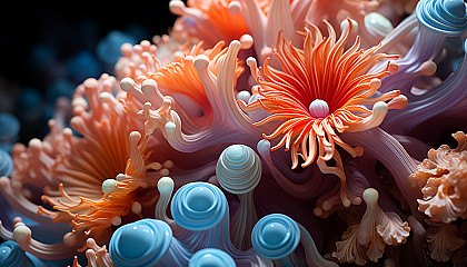 Up-close view of colorful coral or sea anemones, emphasizing texture and form.