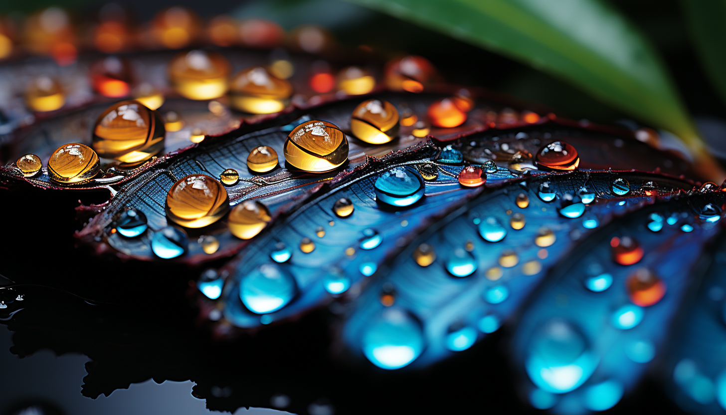 A close-up of dewdrops on a vividly colored butterfly's wing.