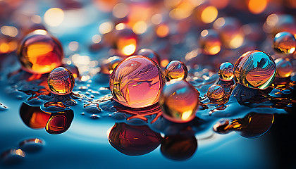 Close-up of bubbles in water, each one reflecting a rainbow of colors.