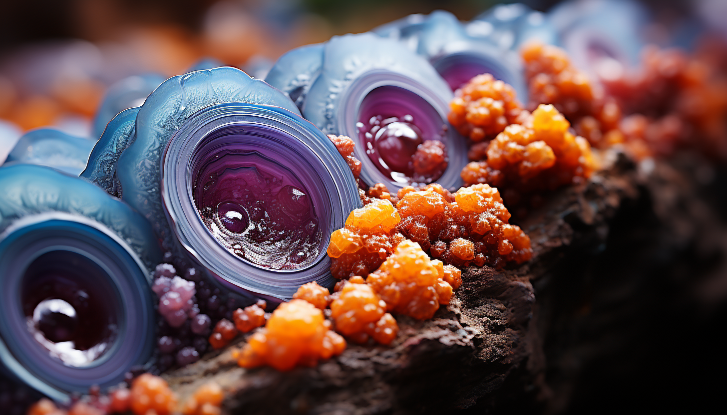 Macro shot of crystalline structures within a colorful geode.