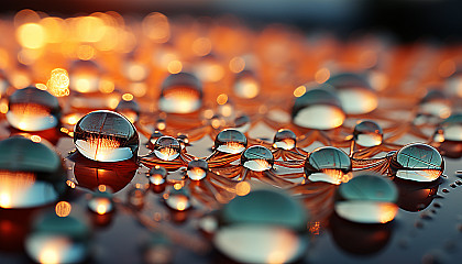 Macro shot of dewdrops on a spider web, reflecting the colors of a sunrise.