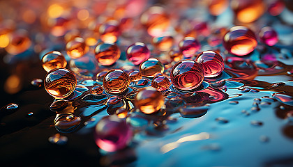 Close-up of iridescent bubbles floating in the air, reflecting a rainbow of colors.