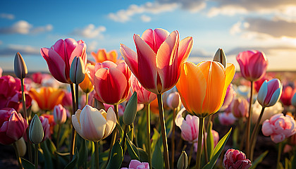 A field of multicolored tulips in full bloom, creating a sea of color.