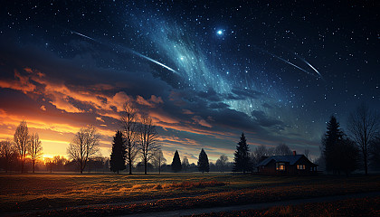 A meteor shower against the backdrop of a dark night sky.