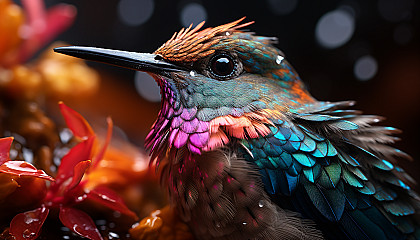 A macro shot of a hummingbird's iridescent feathers.