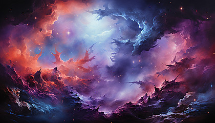 A vibrant, surrealistic space nebula with swirling hues of purple, blue, and pink.