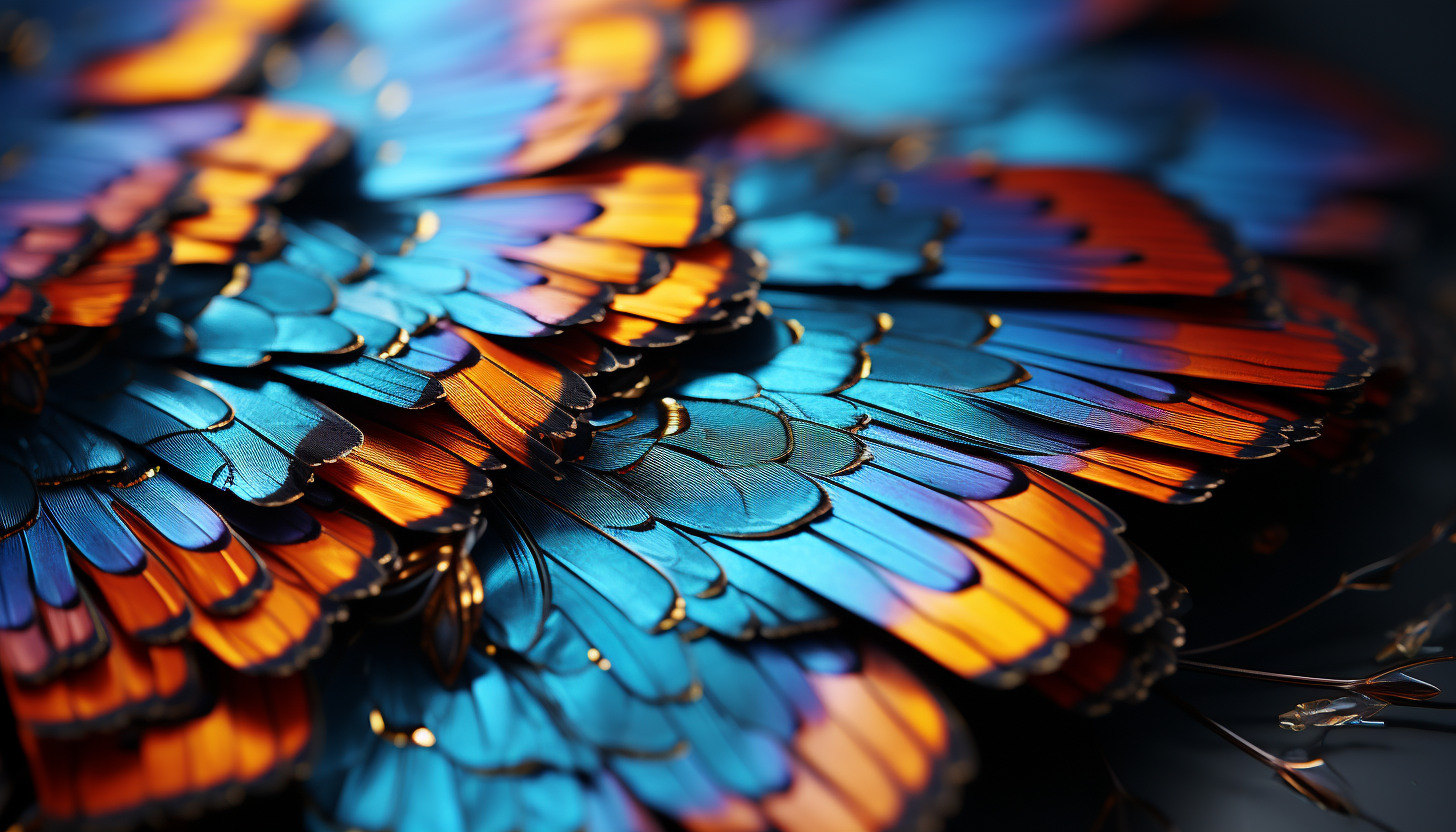 Close-up of a butterfly wing, revealing intricate patterns and vibrant hues.