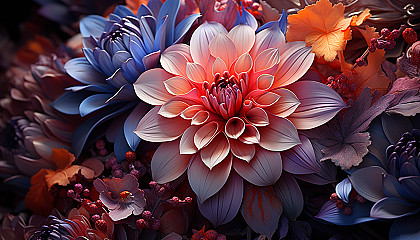 Close-up of a blooming flower, revealing intricate textures and vivid colors.