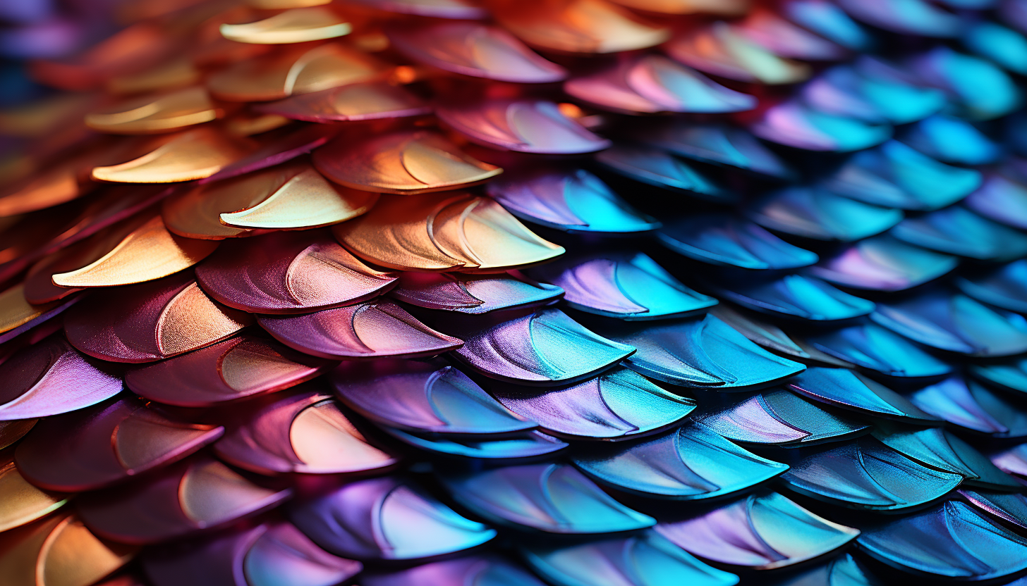 Macro shot of the iridescent scales of a fish or the plumage of a bird.