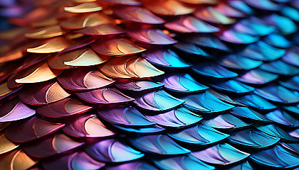 Macro shot of the iridescent scales of a fish or the plumage of a bird.