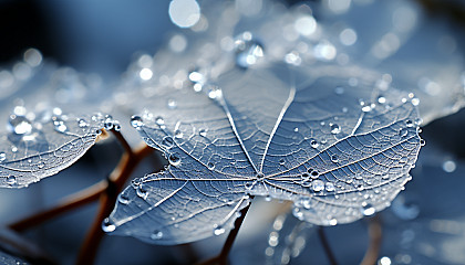 Macro: Minute details of frost forming delicate patterns on a leaf.